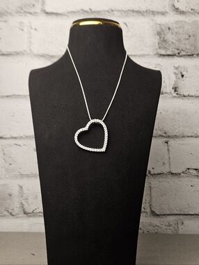 Silver Tone Rhinestone Open Heart Pendant Necklace Snake Chain